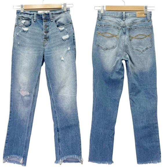 Abercrombie & Fitch A&F Mom Jean Button Fly Crop Medium Wash Raw Hem Size 25 | 0 - Picture 1 of 10